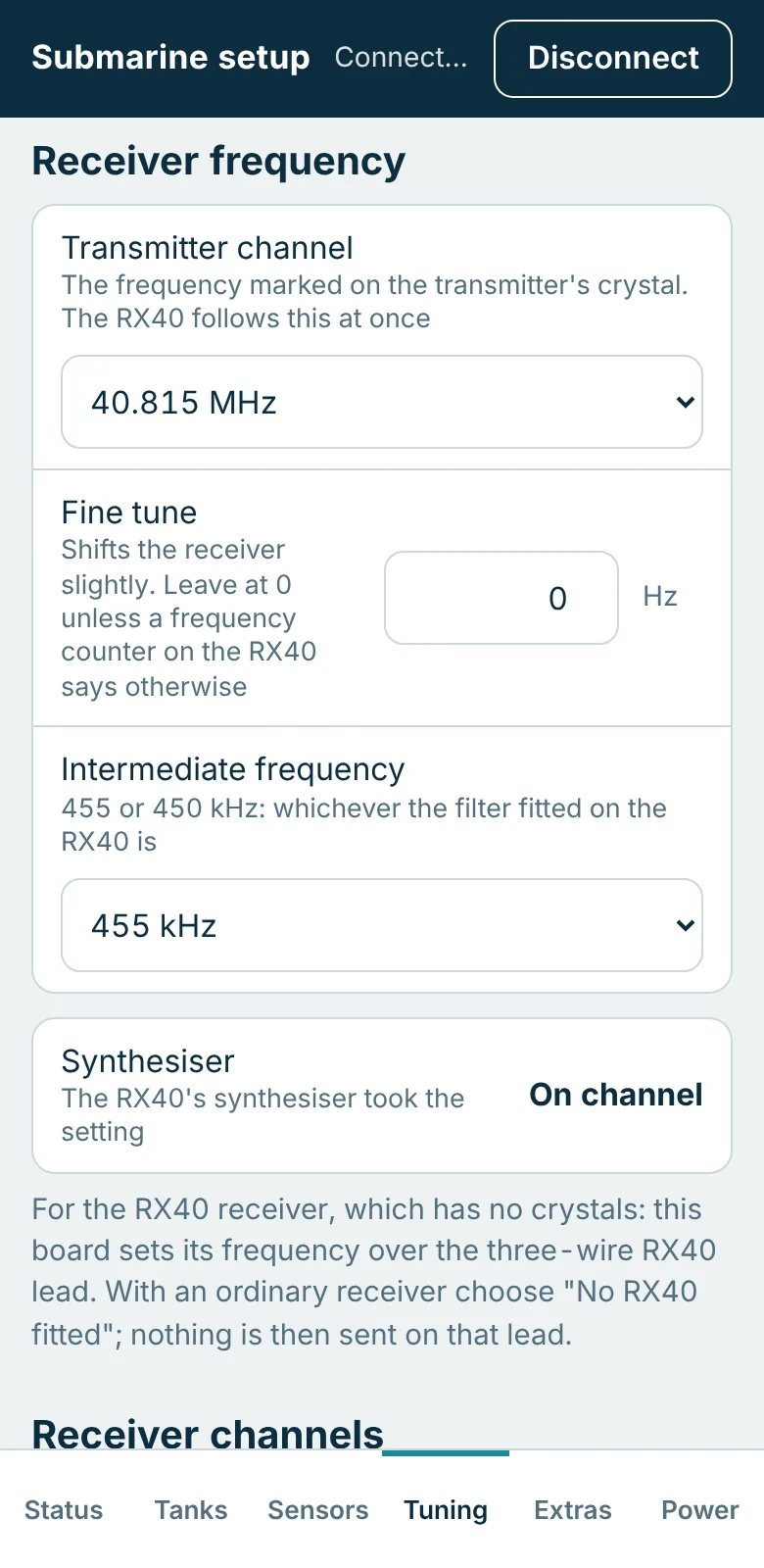 Tuning tab, Receiver frequency: transmitter channel 40.815 MHz, fine tune 0 Hz, intermediate frequency 455 kHz, and a line saying the synthesiser is on channel.