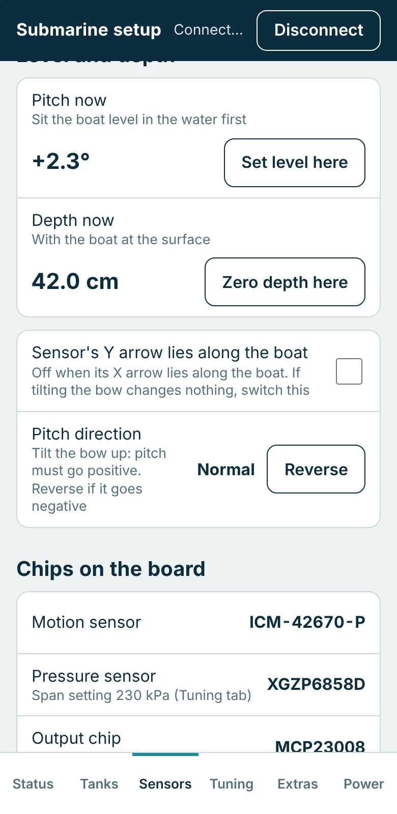 Setup page, Sensors tab: pitch now +2.3 degrees with a Set level here button, depth now 42.0 cm with a Zero depth here button, and the motion sensor, pressure sensor and output chip found on the board.