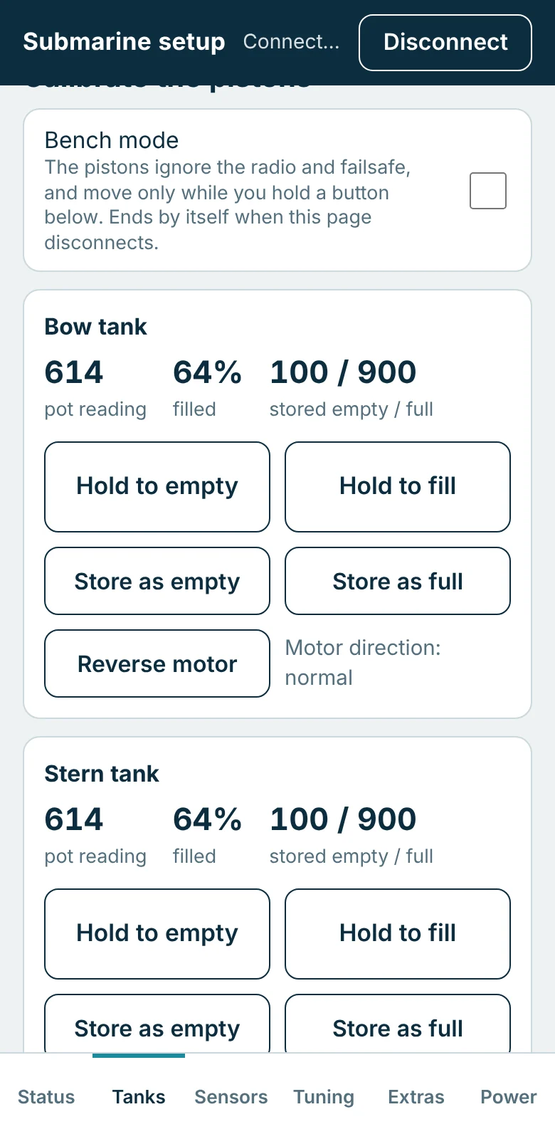 Setup page, Tanks tab: bench mode switch, and for the bow and stern tanks the pot reading, how full, and buttons to move the piston and store its end positions.