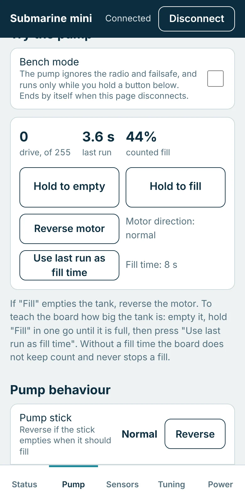 Mini Pump tab with bench mode, drive, last run 3.6 seconds, counted fill 44 per cent, and Hold to empty and Hold to fill buttons.
