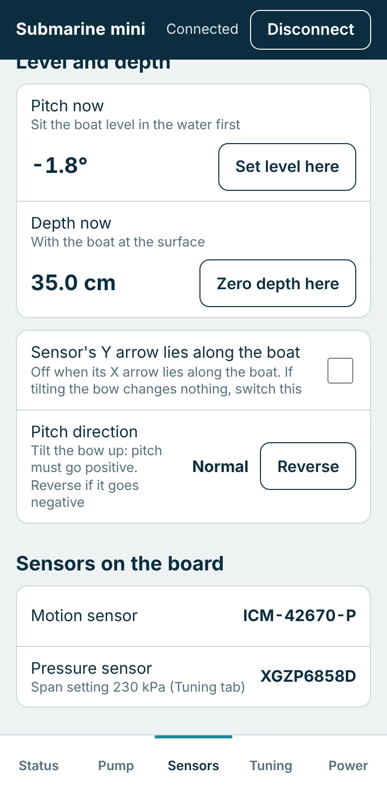 Mini Sensors tab: pitch now minus 1.8 degrees with Set level here, depth now 35.0 cm with Zero depth here, the mounting direction settings, and the sensors found on the board.