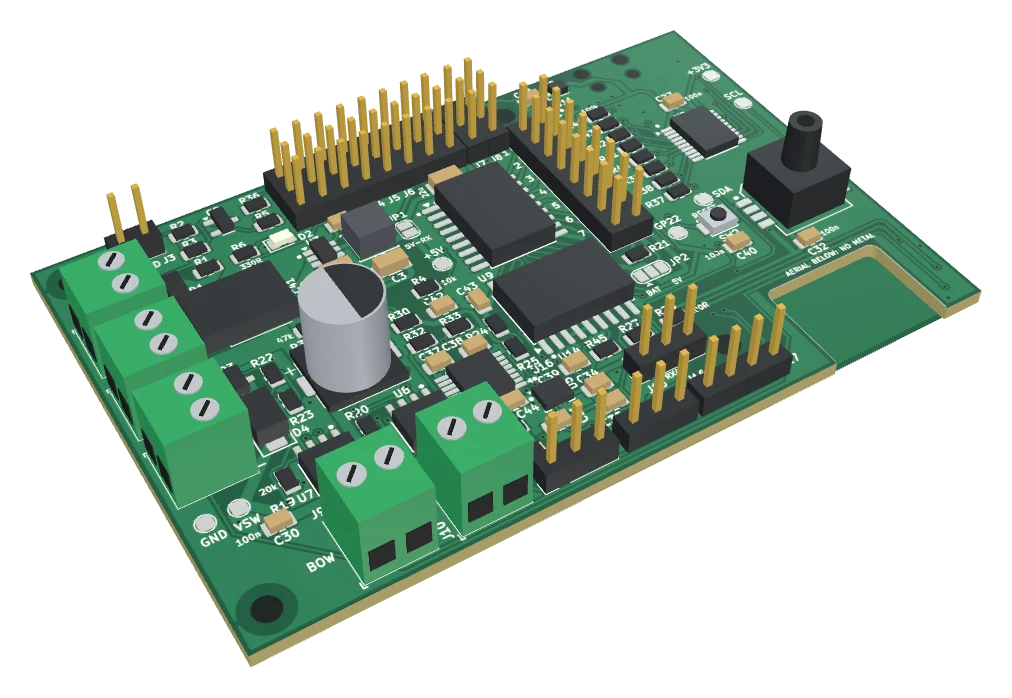 The Commander board seen from an angle: screw terminals down the left edge, rows of pins along the top, the pressure sensor on the right and a cut-out at one corner for the aerial.
