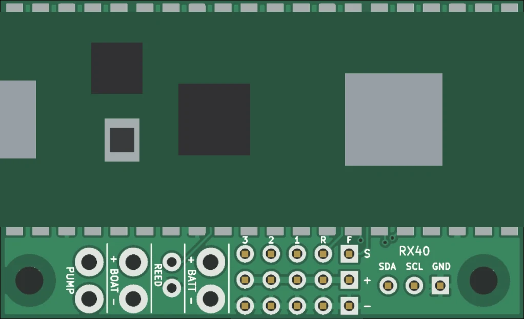 The Mini board seen from the Pico face: the Pico covers two thirds of the board, with the strip of pads and pins below it.
